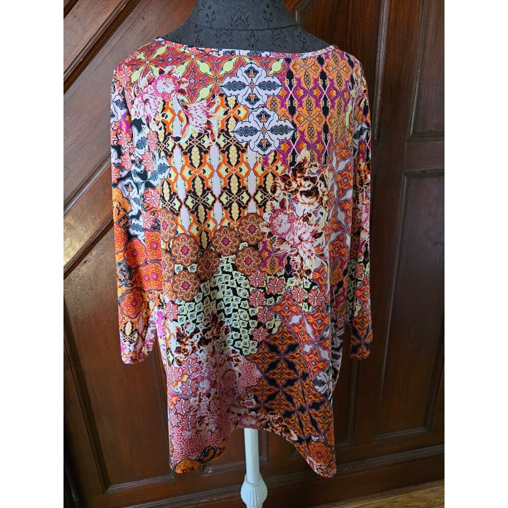 Susan Graver Womens Multicolor 3/4 Sleeve Mixed Pattern Top 1X